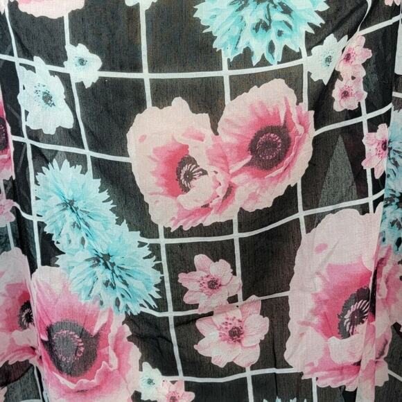 Floral Scarf Black Pink Blue Windowpane Check Sheer Lightweight Square Spring - Picture 2 of 2